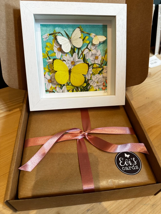 Framed and wrapped floral butterfly print, wrapped and gift box presentation. 