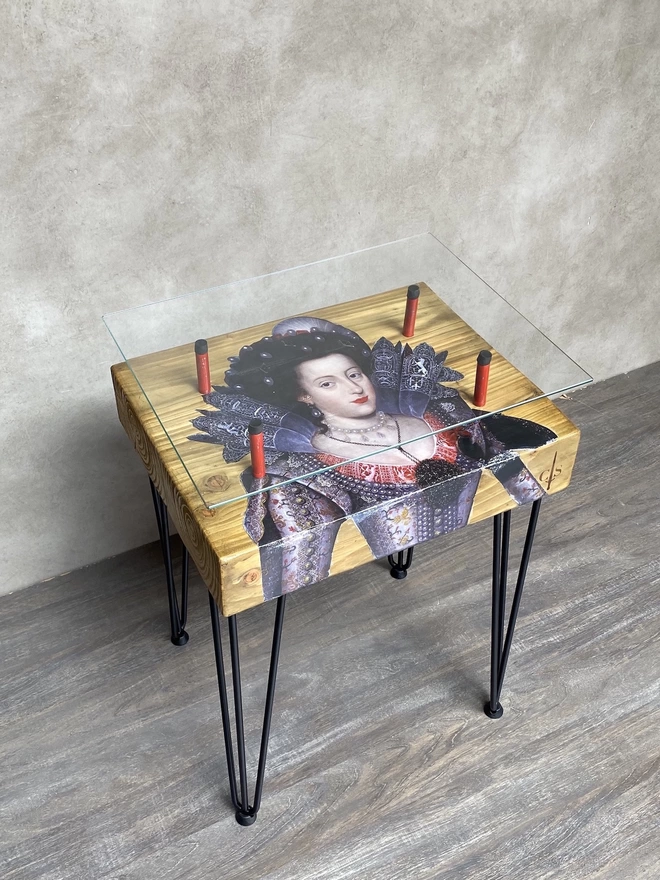 square natural wooden base side table with queen image