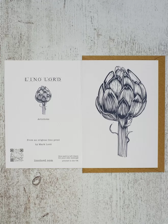 Greeting Card with an image of a Single Artichoke, taken from an original lino print