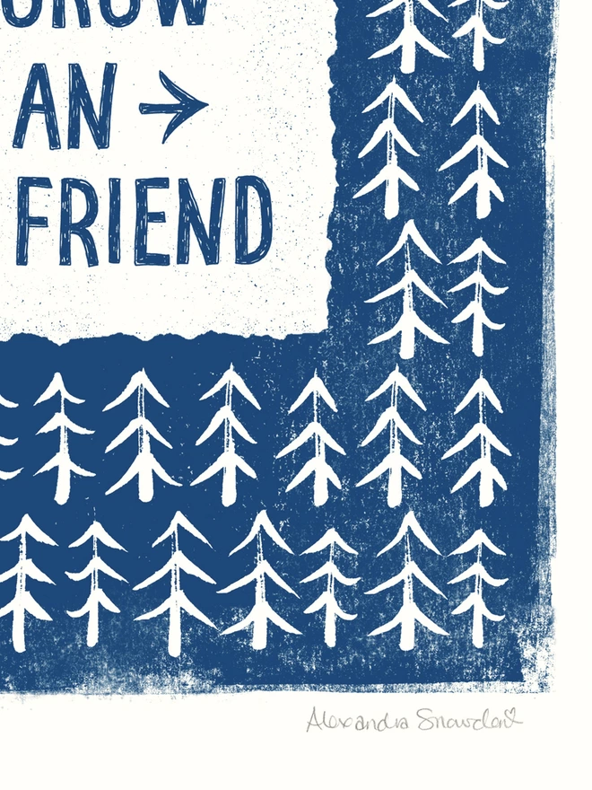 detail of old friend quote friendship gift print in blue and white