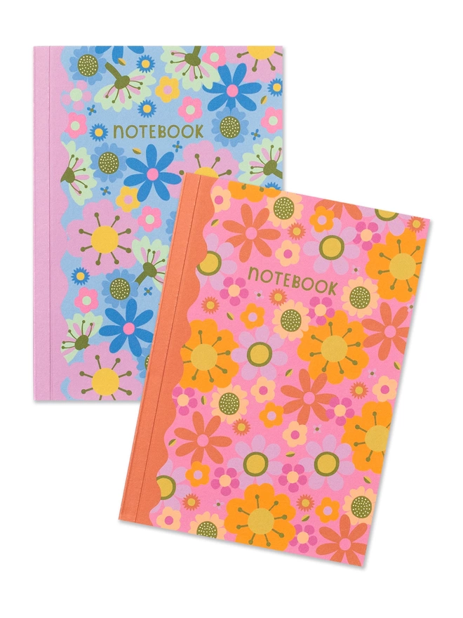 The colourful Raspberry Blossom retro floral A6 duo notebook set in pink and blue