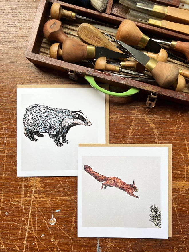 Badger and red squirrel art cards