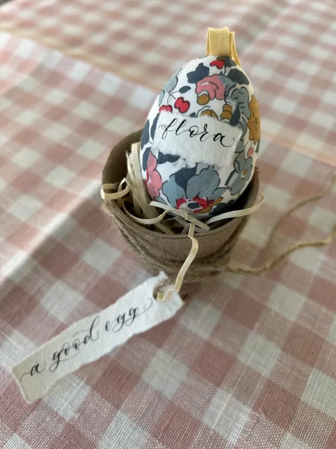 Personalised Liberty fabric decorative egg with a good egg label