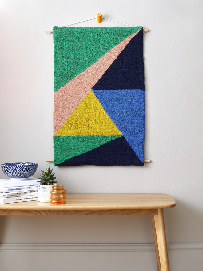 ABSTRACT HARMONY - Hand Tufted Green, Salmon, Navy, Royal Blue and Mustard Wall Hanging Styled Image