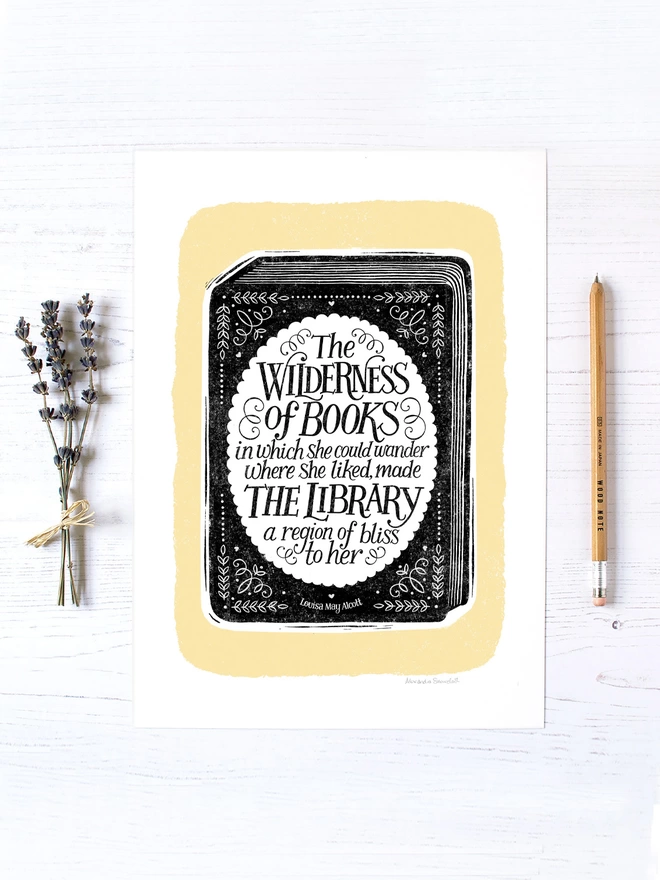 A4 black and yellow book quote print with pencil and lavender