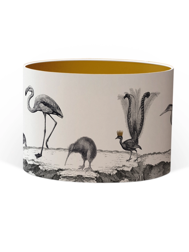 Drum Lampshade featuring birds with a Gold inner on a white background