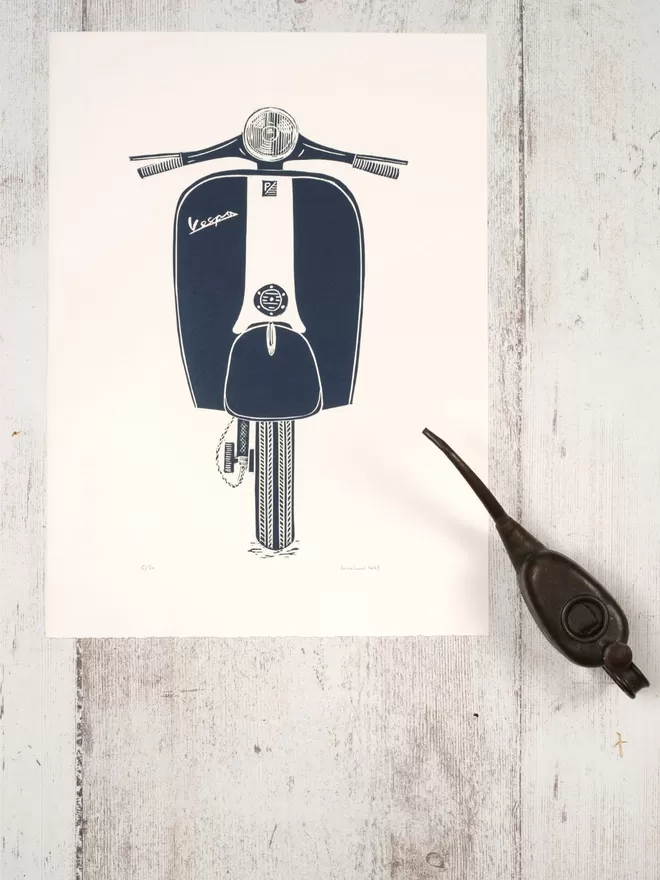 Picture of a Vespa, taken from an original Lino Print 
