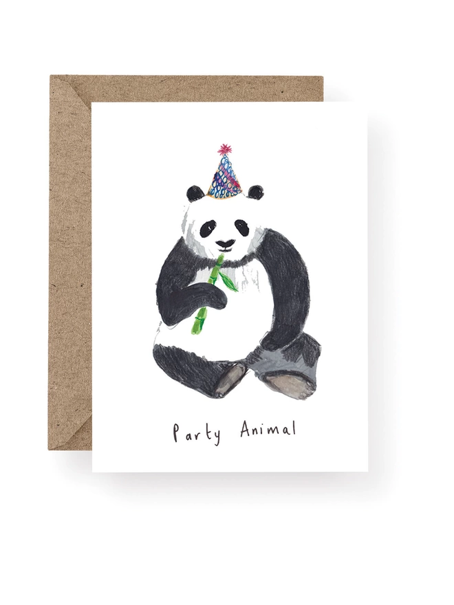 Panda Bear Greeting Card.  Panda Bear Is Sitting Eating Bamboo Whilst Wearing a Party Hat.  The Card Reads Party Animal.