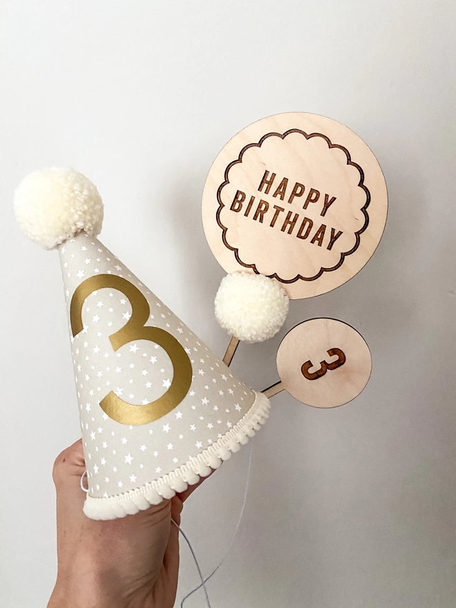 Number 3 Party Hat and Wooden Cake Toppers