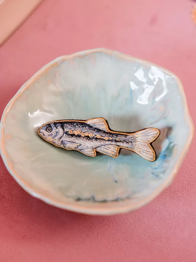 Hand embroidered Minnow Brooch