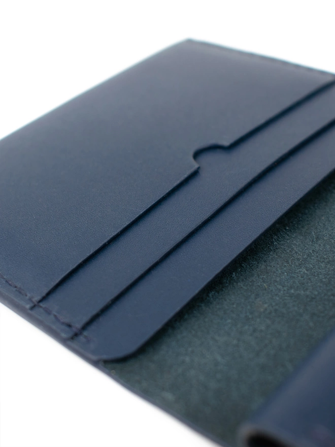 Close up of Navy Blue Coin Wallet showing the card sleeves