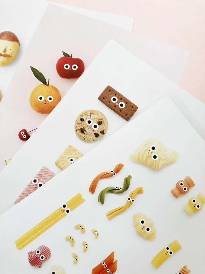 A selection of A3 Prints of food with faces 