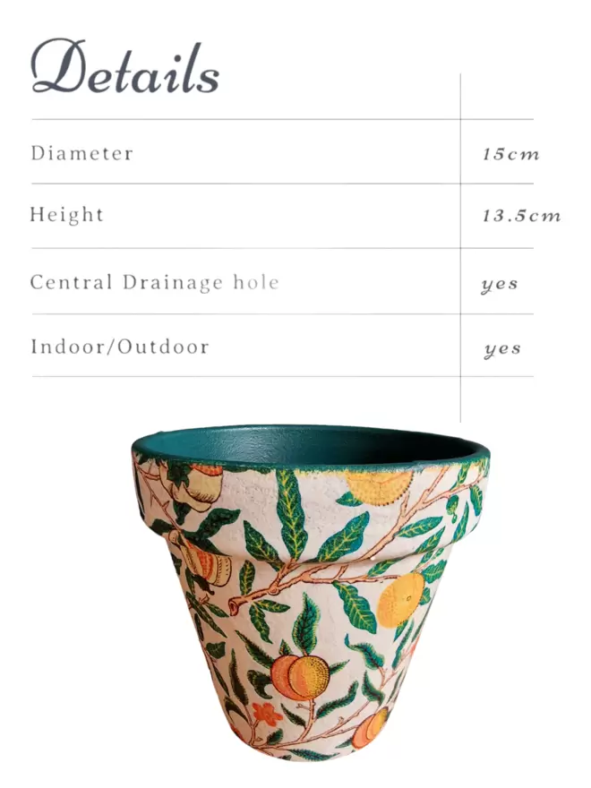 William Morris Fruit design Plant Pot suitable for indoor or outdoor use.  15 cm in diameter and 13.7 cm in height