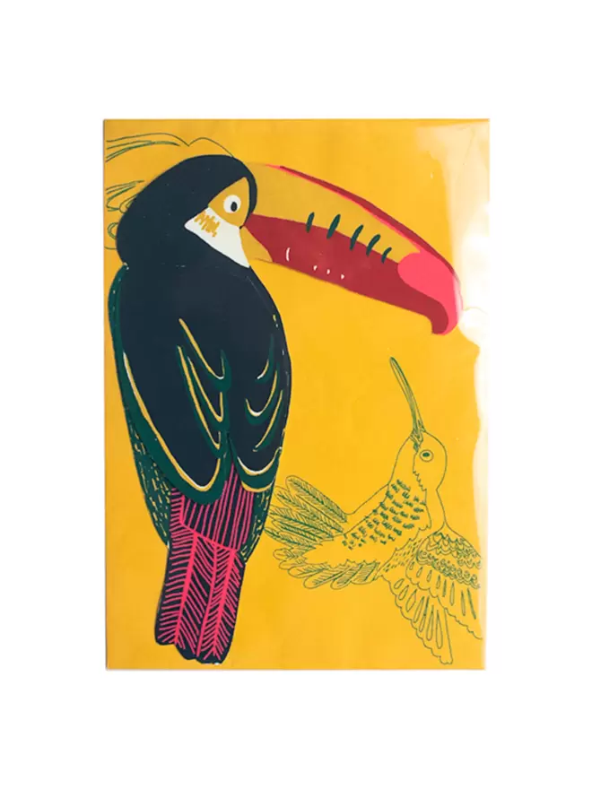 Toucan card with matching yellow envelope showing toucan motif
