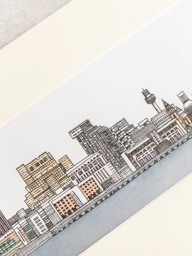 Print of detailed pen and watercolour drawing of Liverpool buildings and waterfront, in a soft white mount