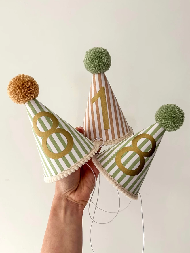 Caramel and Green Striped Party Hats