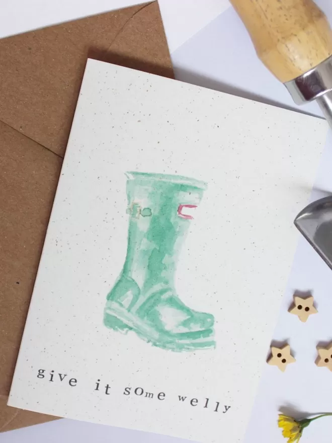 Give It some welly card seen with a brown kraft envelope