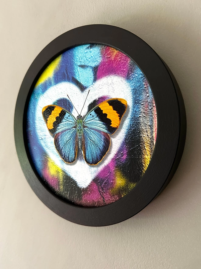 Blue and yellow butterfly painting on a graffiti spray paint background with a white heart in a black circular frame hanging on a wall.