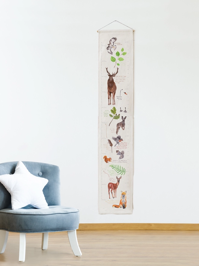 image features the height chart hung on a wall next to some children’s furniture. The height chart has an off white background and features illustrations of animals and plants from woodland habitats all the way up it.