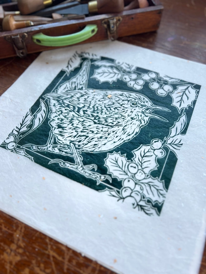 holly and wren linocut print