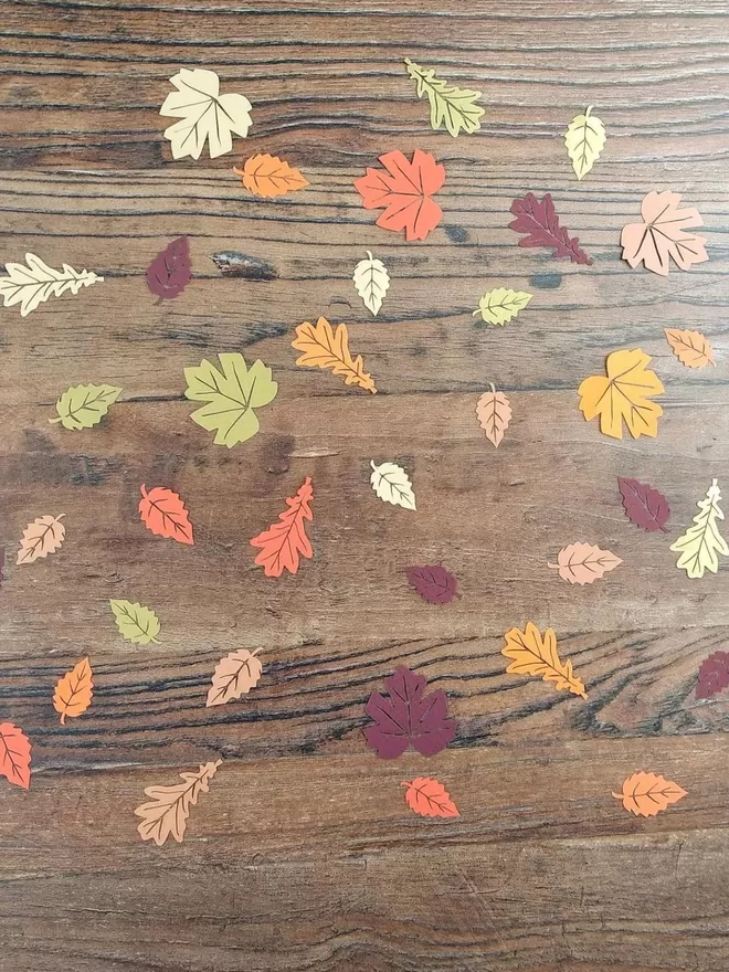 Autumn Leaf Confetti including maple leaves, oak leaves and birch leaves shapes in reds, oranges, browns and golds