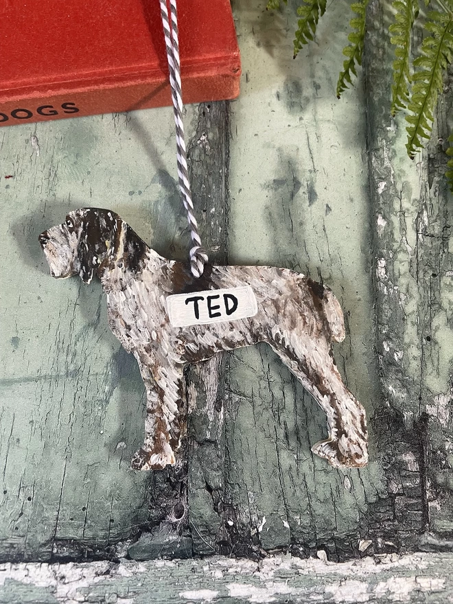 Italian Spinone dog decoration personalised with the name Ted and strung with grey and white twine
