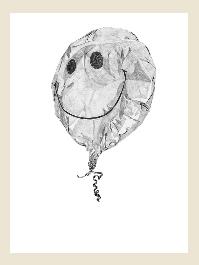 Artwork of crumpled smiley balloon art print