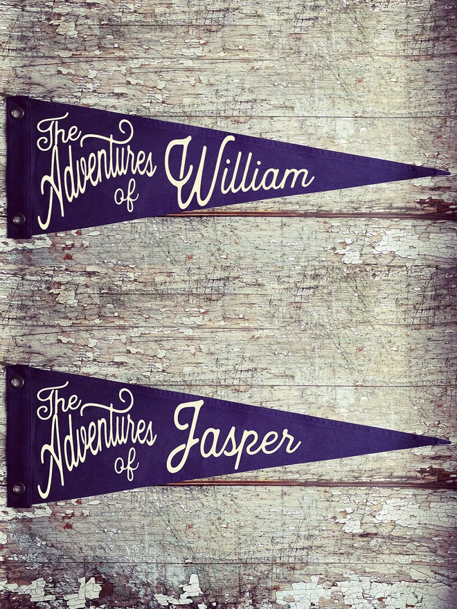 A photo of two navy 'The adventures of' pennant flags displayed on a wall different names in ivory. One saying William and one Jasper. 