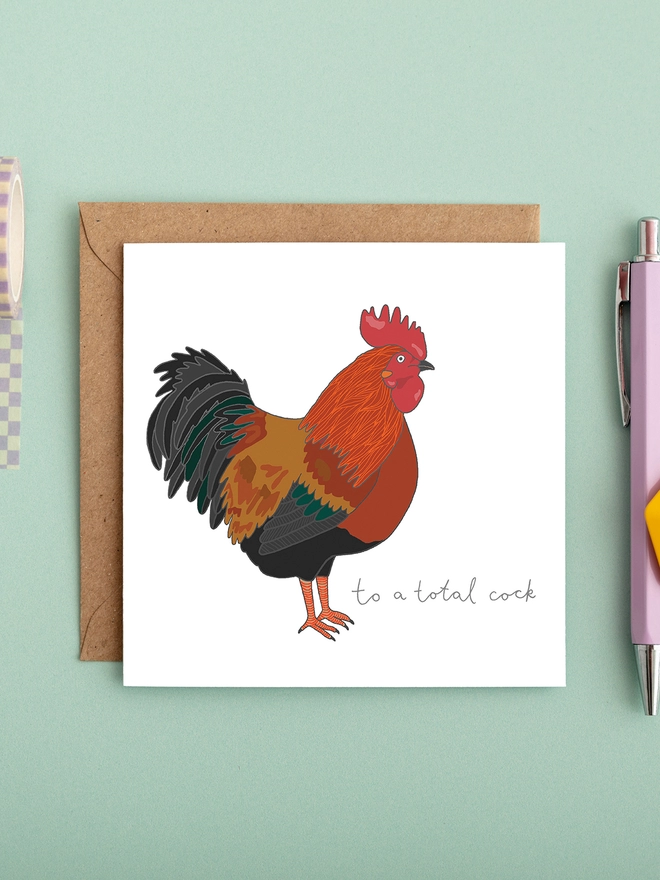 Humorous, funny and risqué card featuring a cockerel or cock 