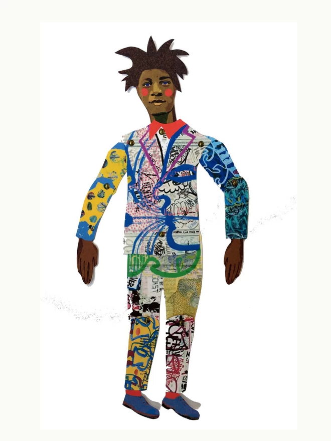 Articulated Jean Michel Basquiat cut and make paper puppet on a white background