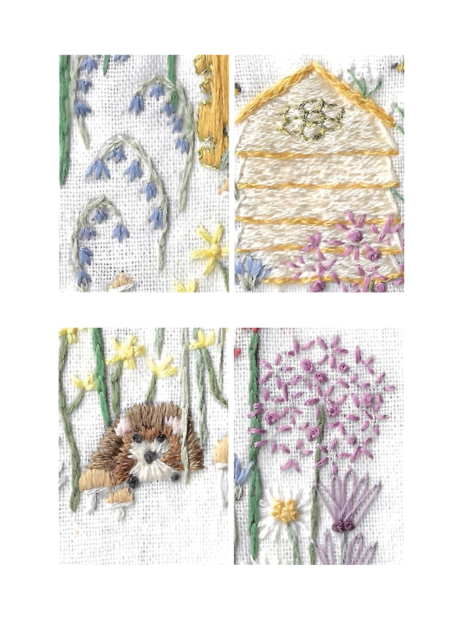 King Charles III Wildlife Embroidery Kit, 4 Close-up images of the finished embroidery.  Clockwise from top left, 1. Bluebells, 2. Beehive, 3. Allium, Daisy & Lavender, 4. Hedgehog hiding behind some Mushrooms among the Buttercups.