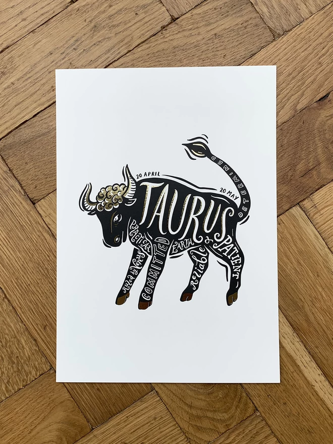 Taurus Black and white gold foil Star sign zodiac  poster