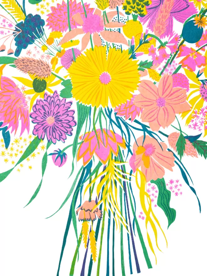 Close-up, detailed shot: bouquet of wildflowers, in bright and cheerful yellow tones.