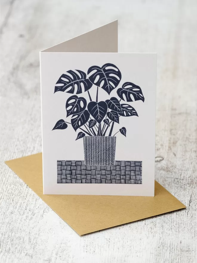 Greeting Card with an image of a Monstera Houseplant, taken from an original lino print