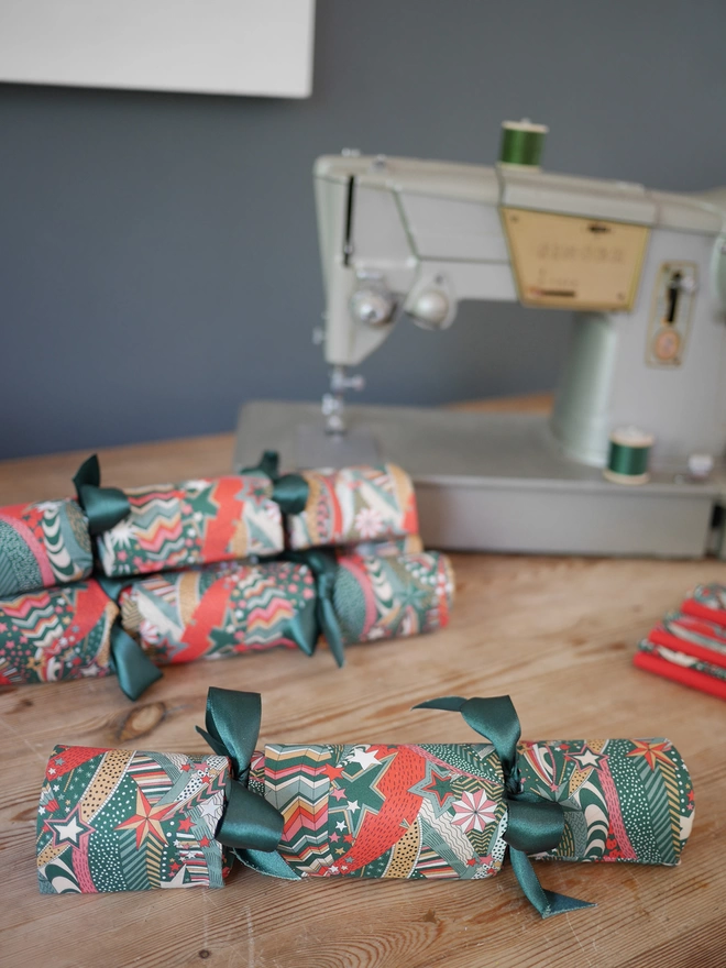 Sustainable reusable fabric crackers with a snap - made using the Wonder Cracker Sewing Pattern