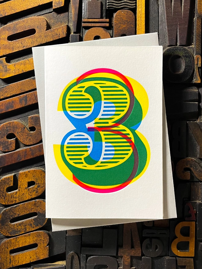3rd birthday anniversary typographic letterpress card. Deep impression print. Unique with no print being the same. They show slight colour variations adding to the style. Also available in other milestones : 1, 2, 16, 18, 21, 30, 40, 50, 60, 70, 80.