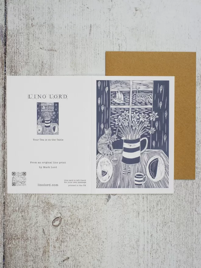Greeting Card with an image of Your Tea Is On The Table, taken from an original lino print