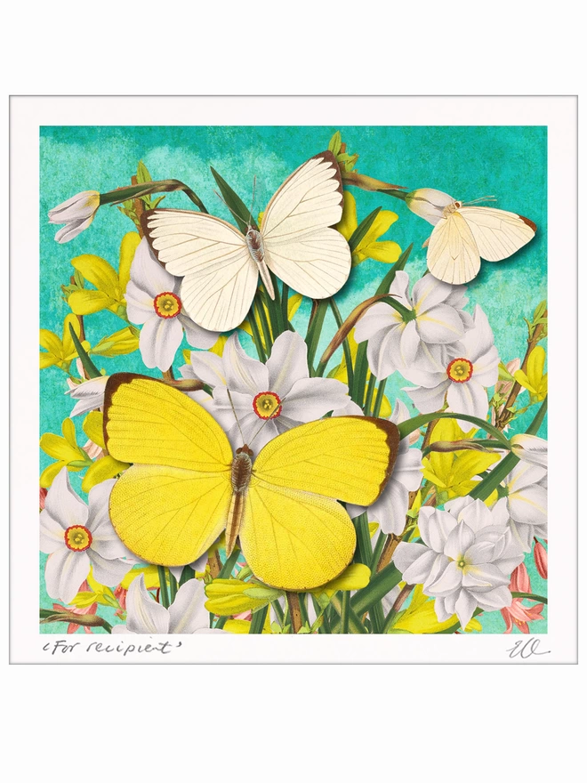 Print of narcissi daffodils with white and yellow butterflies against an aquamarine colour sky.