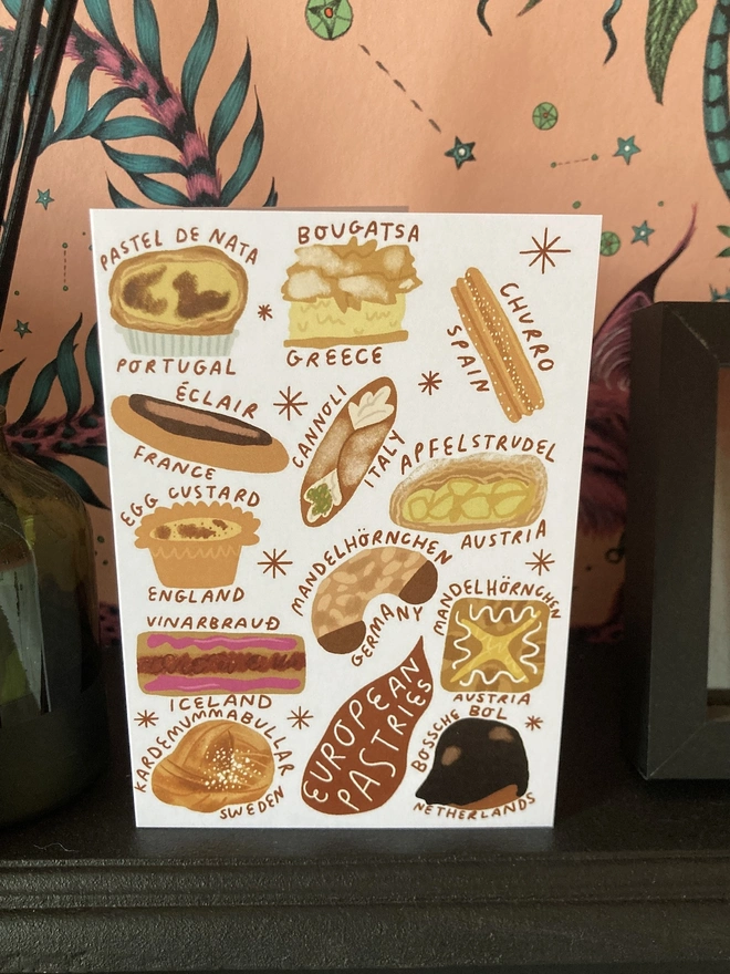 European pastries card displayed on a fireplace with pink wallpaper in the background