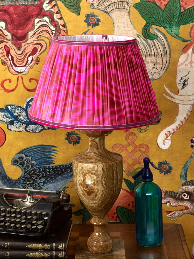 Handmade Pink Silk Ikat Lampshade with Yellow Patterned Wall Art