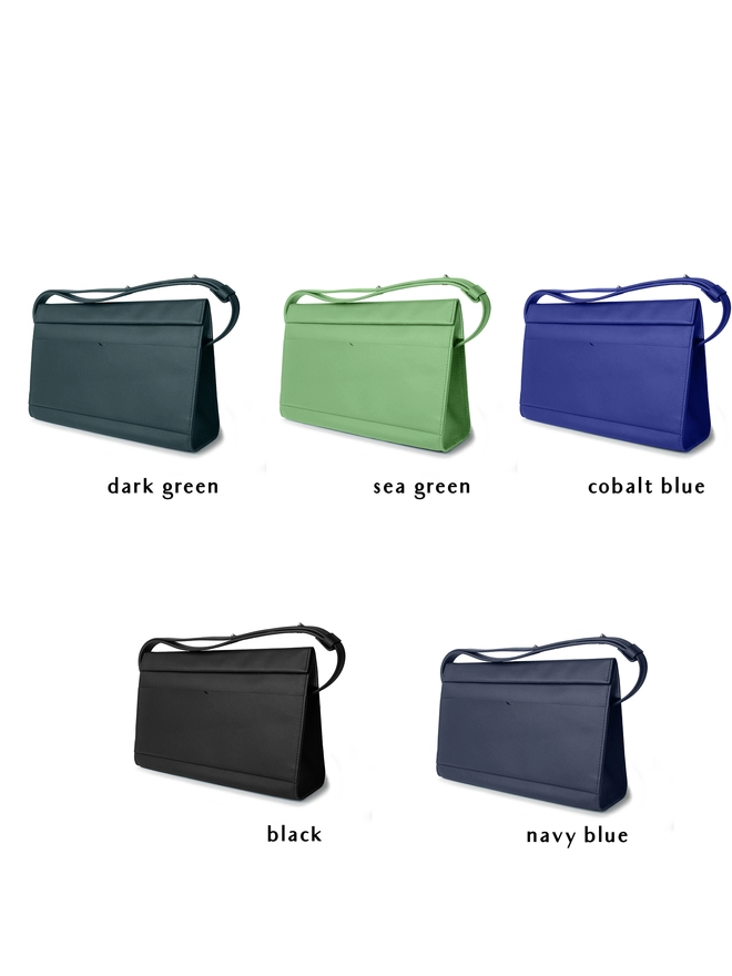 Image of five colour variations of the handbags. The top row has Dark Green, Sea Green and Cobalt Blue respectively. The bottom row has Black and Navy Blue respectively.