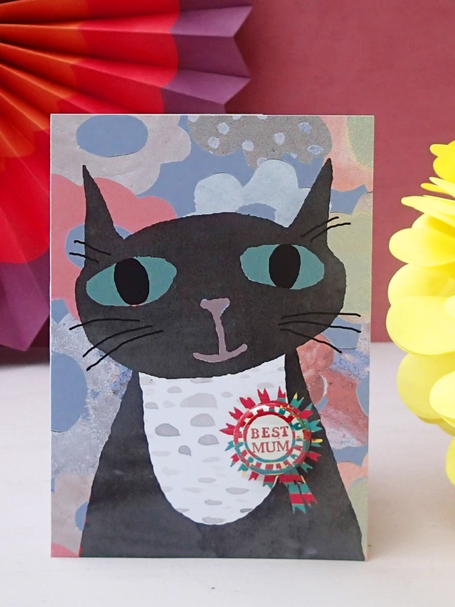 cat greeting card with best mum badge 