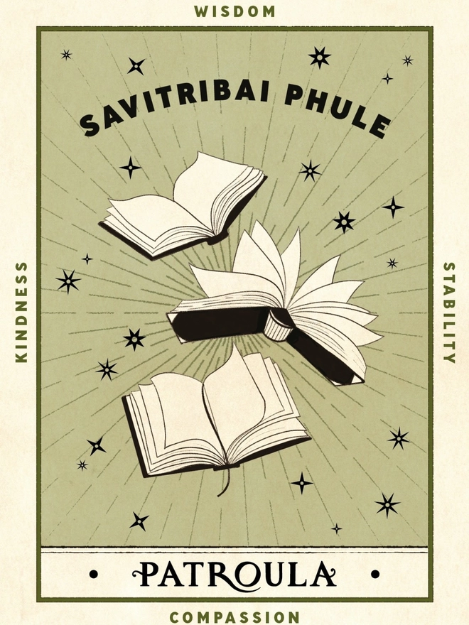 Green and black illustration of books and the name Savitribai Phule on a card