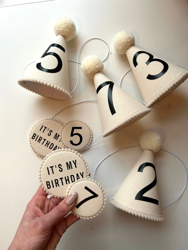 Canvas Party Hats with Cream Pom Poms and Canvas Fabric Birthday badges 
