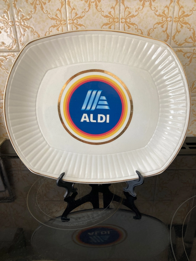 Aldi, vintage china plate, vintage plate, vintage Aldi plate, hand printed plate, unique gift, original, original gift, middle aisle, hand printed, cool