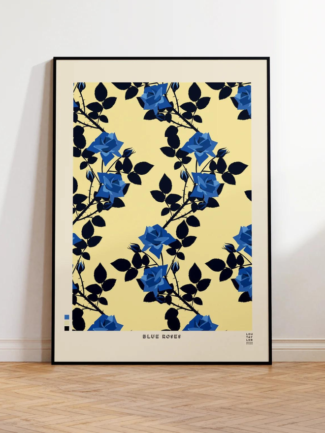 blue roses on cream background Giclee print