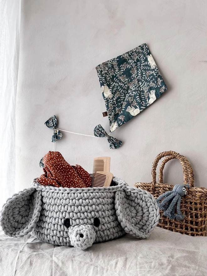 Elephant hand crocheted storage basket grey