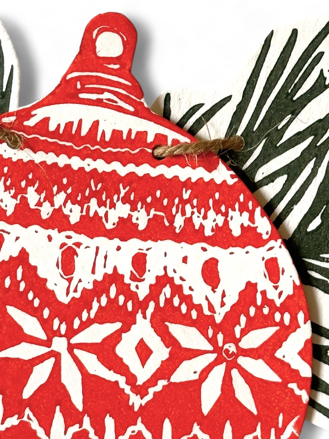 Christmas Linocut Garland,Hand Printed Nordic Bauble/Pine 