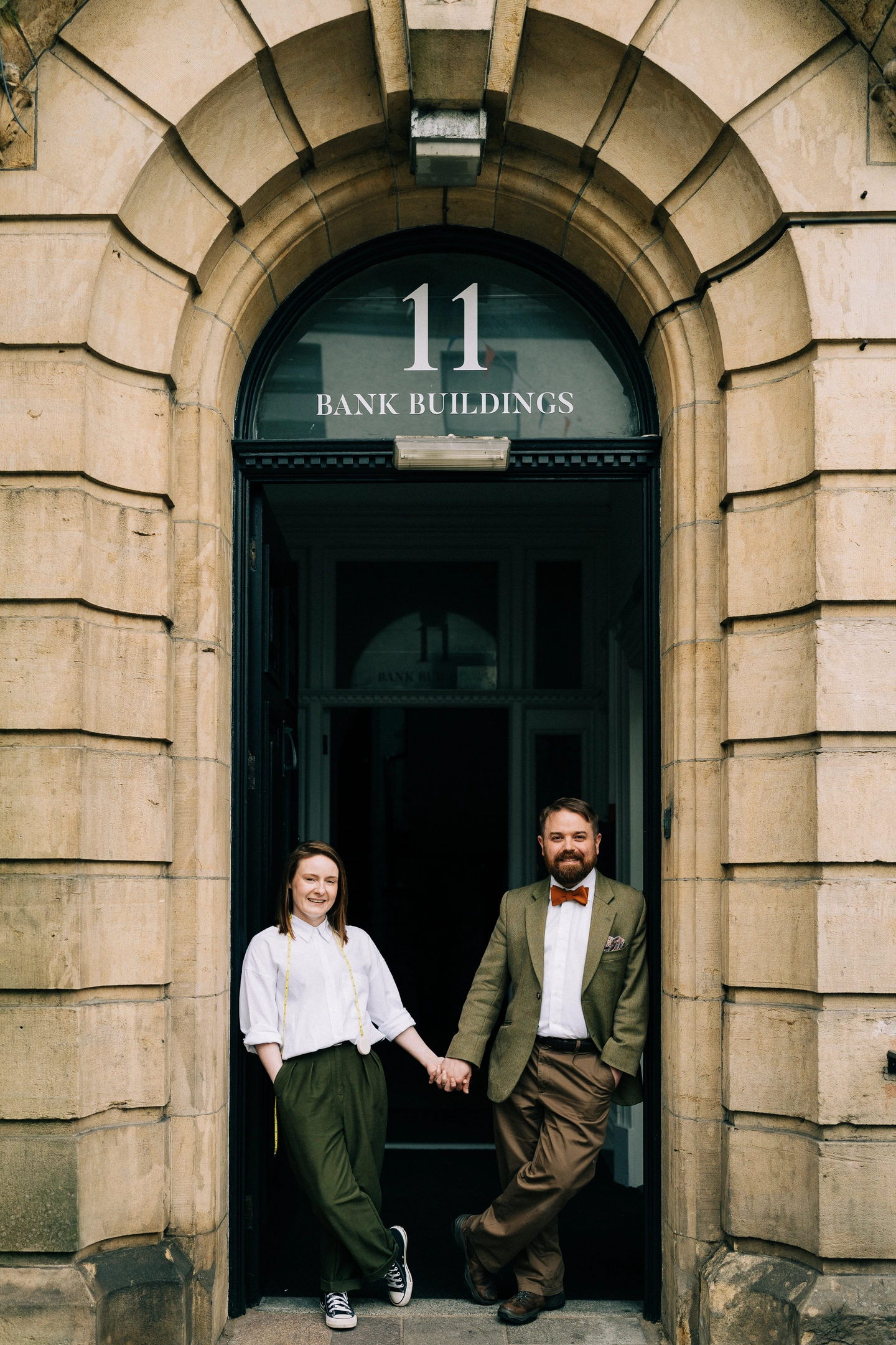 Founders & Owners of Belfast Bow Company standing outside their studio in County Down, N. Ireland