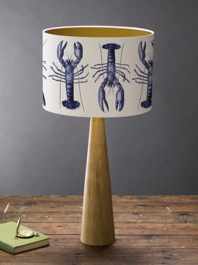 Mountain and Molehill – Blue Lobster Lampshade lifestyle with gold inner